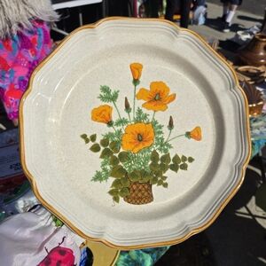 Vintage Mikasa 70s Ceramic Plate with Orange Poppy Bouquet
